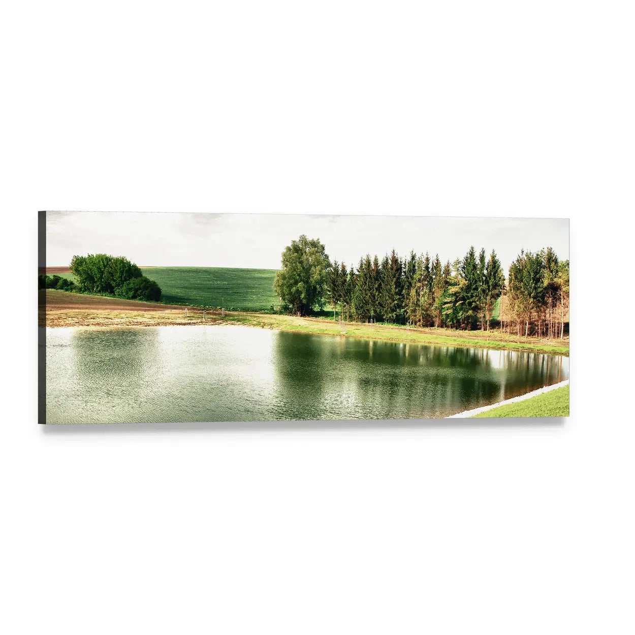Forest Lake Reflections Panoramic Canvas Wall Art, single panel gallery wrapped canvas, angled product view