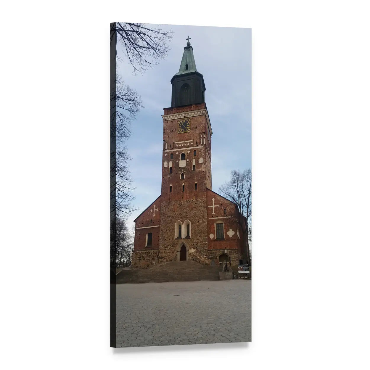Turku Cathedral Red Brick Clock Tower Vertical Canvas Wall Art, 1 panel 1 Vertical layout gallery wrapped canvas set, angled product view