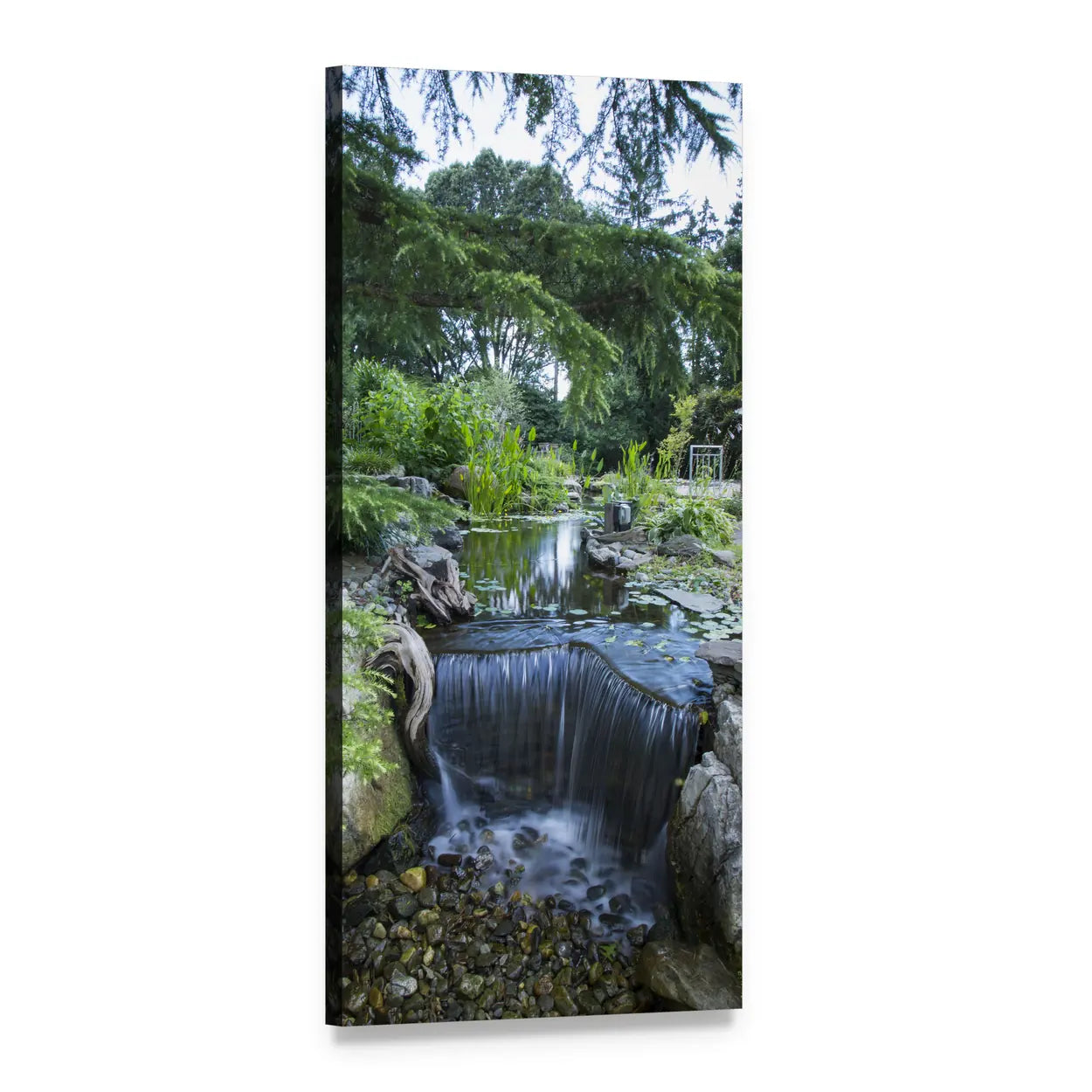 Waterfall in a Summer Forest Vertical Canvas Wall Art, 1 panel 1 Vertical layout gallery wrapped canvas set, angled product view