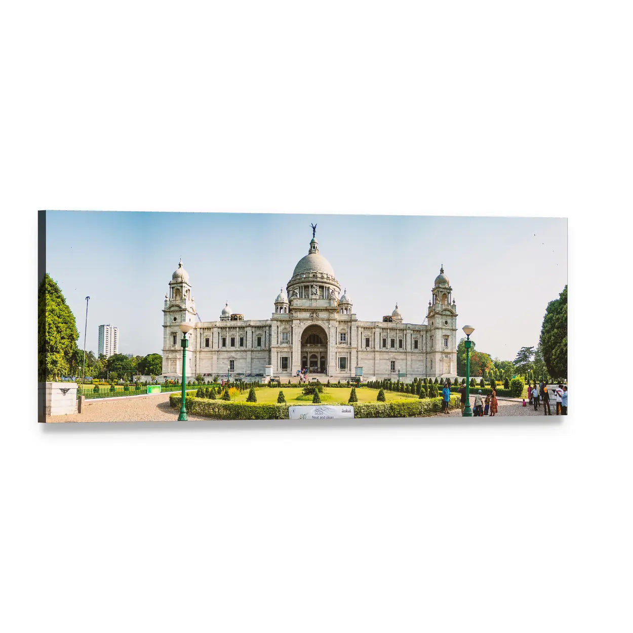 Victoria Memorial White Marble Facade Panoramic Canvas Wall Art, single panel gallery wrapped canvas, angled product view