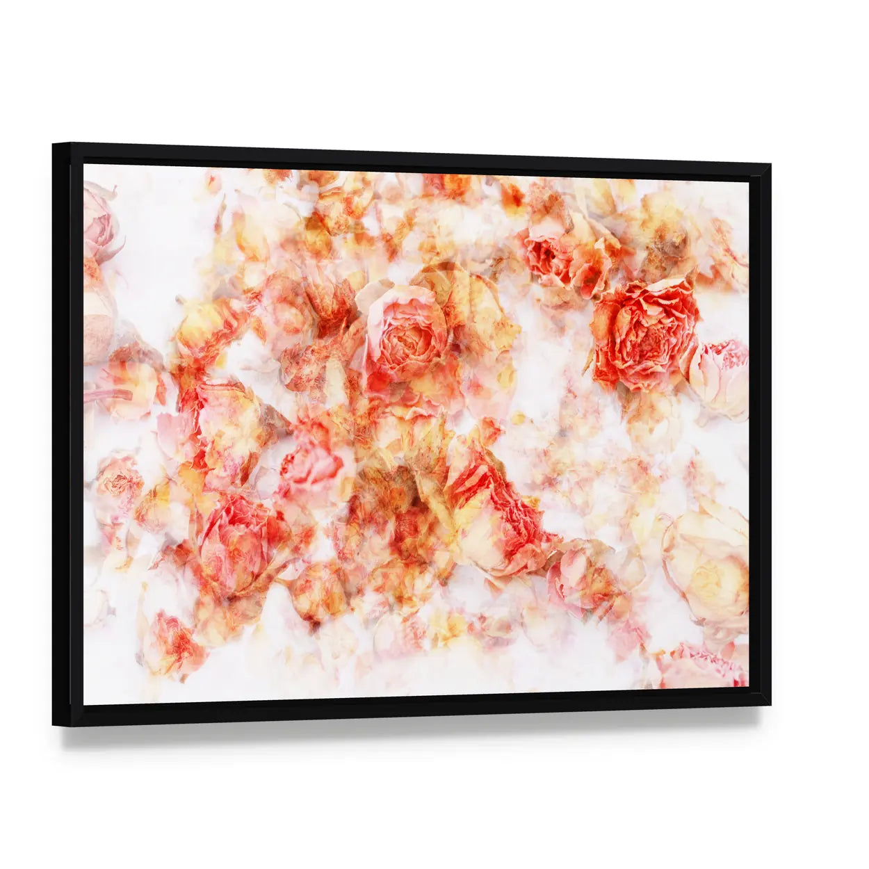 Dry Roses Watercolor Floral Canvas Wall Art, framed canvas in a black floater frame, angled product view