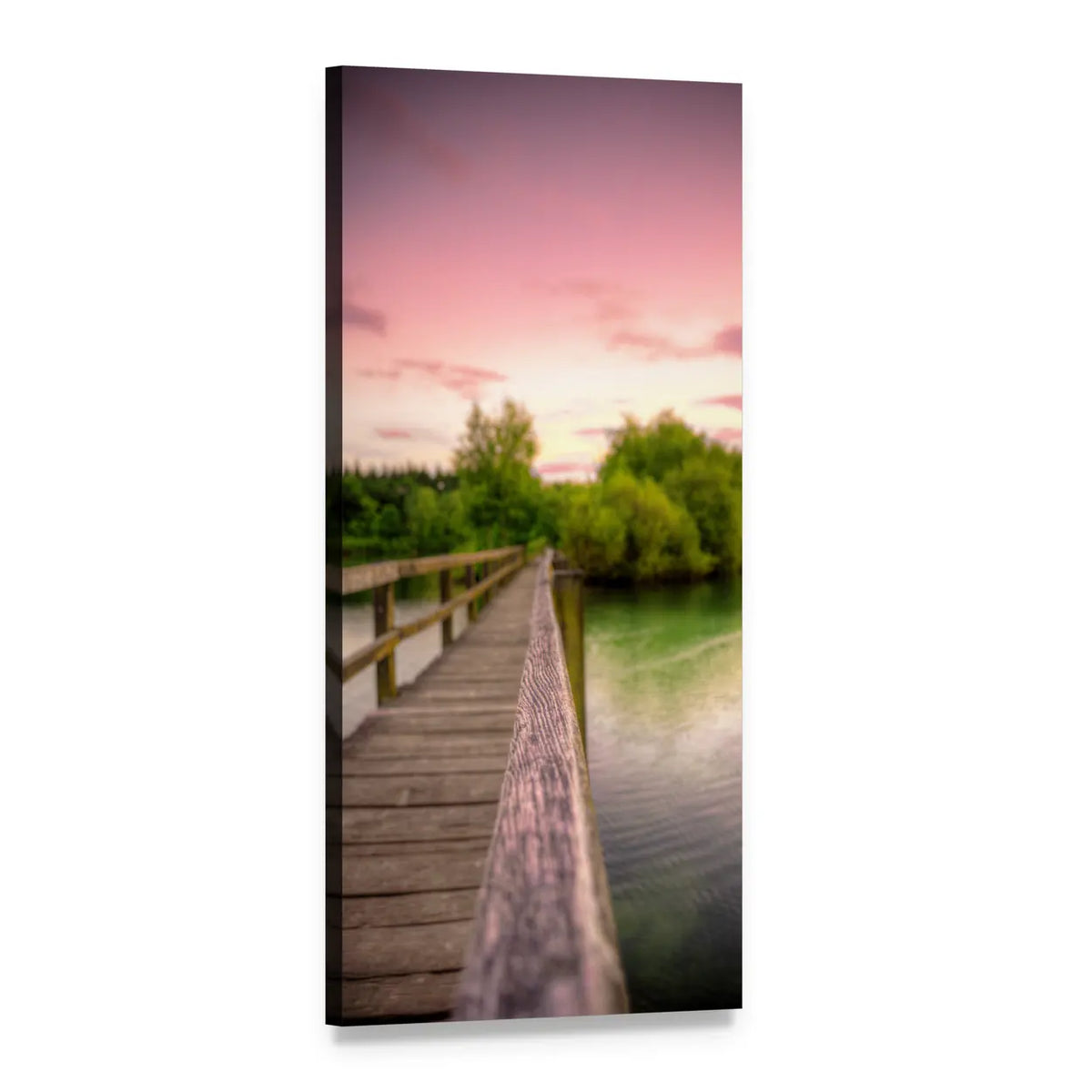 Wooden Bridge Over Lake at Sunset Vertical Canvas Wall Art, 1 panel 1 Vertical layout gallery wrapped canvas set, angled product view