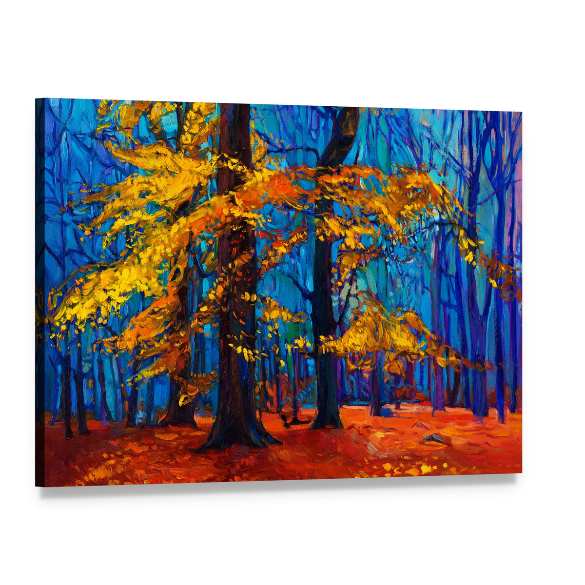 Autumn Trees Abstract Canvas Wall Art, single panel gallery wrapped canvas, angled product view