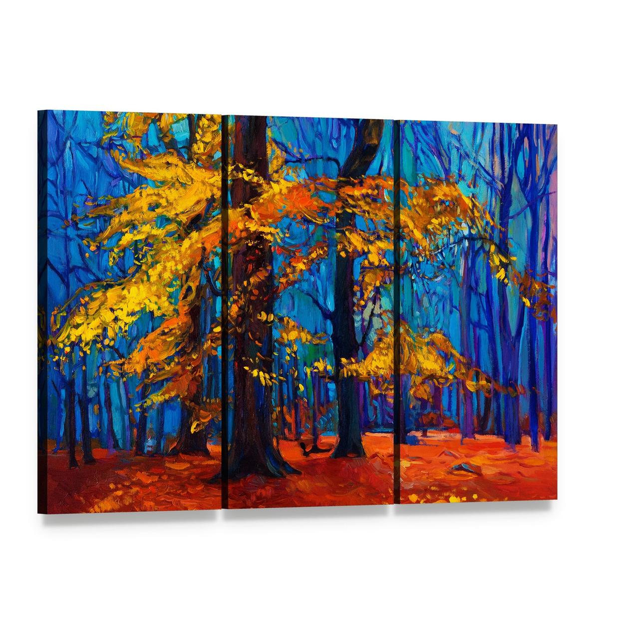 Autumn Trees Abstract Canvas Wall Art, 3 panel 3 Horizontal layout gallery wrapped canvas set, angled product view
