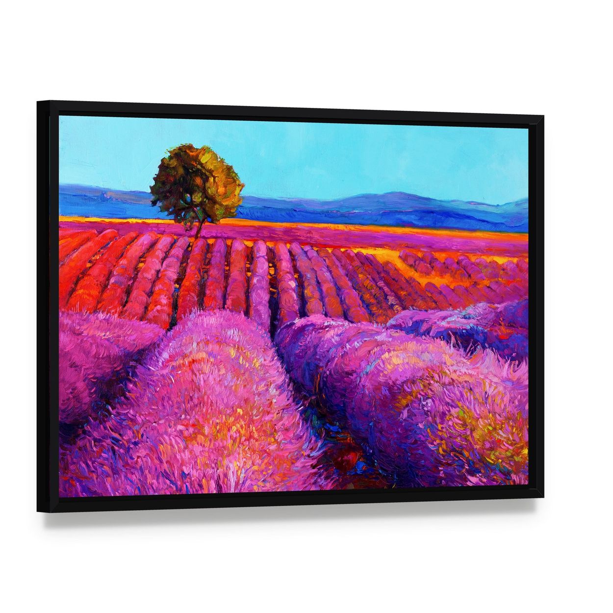 Abstract Lavender Fields Canvas Wall Art, framed canvas in a black floater frame, angled product view