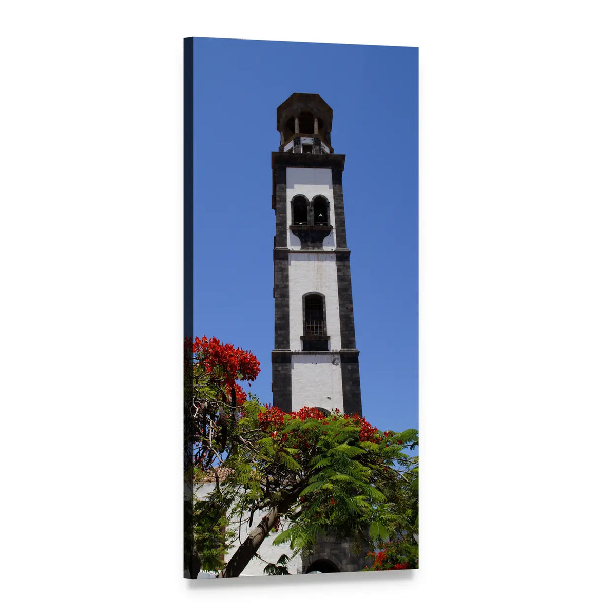 White Stone Bell Tower with Red Blossoms Vertical Canvas Wall Art, 1 panel 1 Vertical layout gallery wrapped canvas set, angled product view