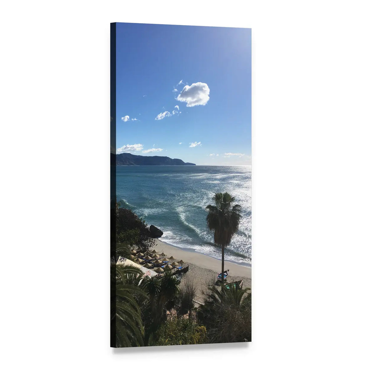 Summer Beach Seascape with Palm Trees Vertical Canvas Wall Art, 1 panel 1 Vertical layout gallery wrapped canvas set, angled product view