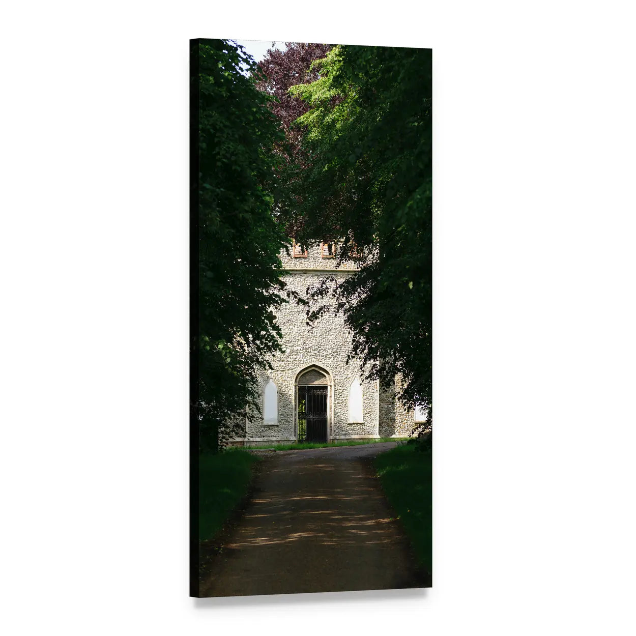 Stone Manor Path in Summer Vertical Canvas Wall Art, 1 panel 1 Vertical layout gallery wrapped canvas set, angled product view