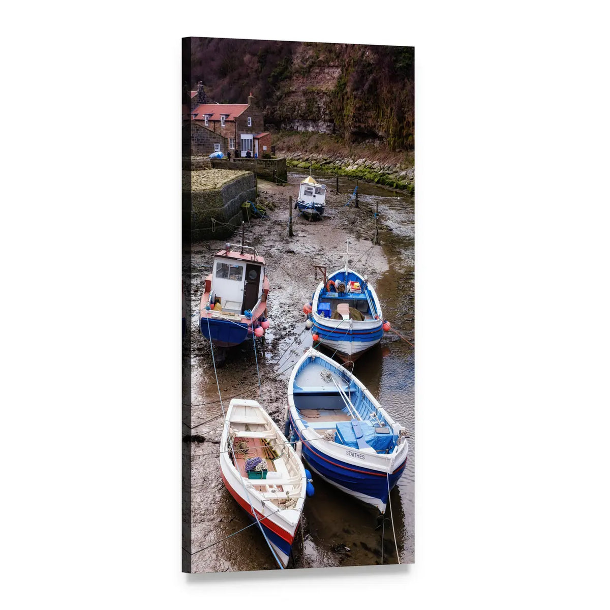 Fishing Boats in a Coastal Cove Vertical Canvas Wall Art, 1 panel 1 Vertical layout gallery wrapped canvas set, angled product view