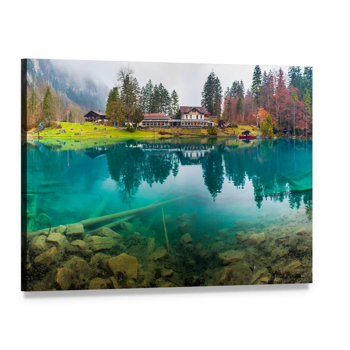 Hotel Forellenzucht in Blausee Town Switzerland Canvas Wall Art, single panel gallery wrapped canvas, angled product view