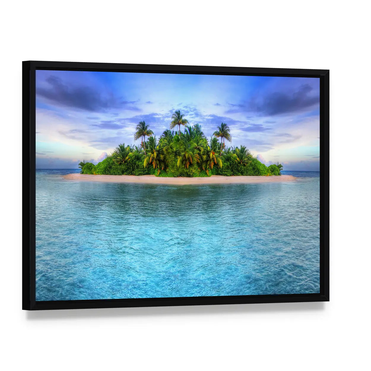 Maldives Tropical Island Canvas Wall Art, framed canvas in a black floater frame, angled product view
