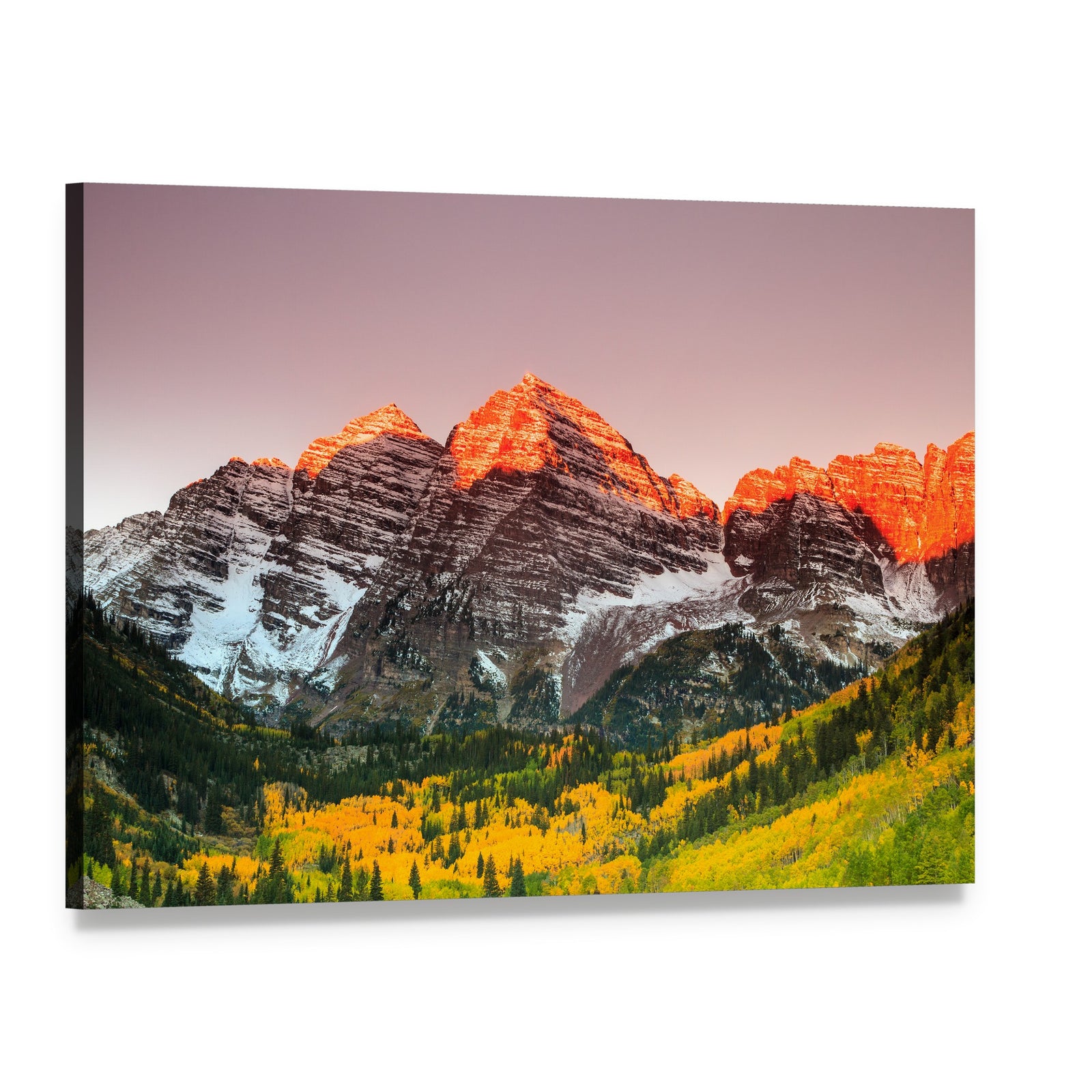 Sunrise Over Maroon Bells Canvas Wall Art, single panel gallery wrapped canvas, angled product view