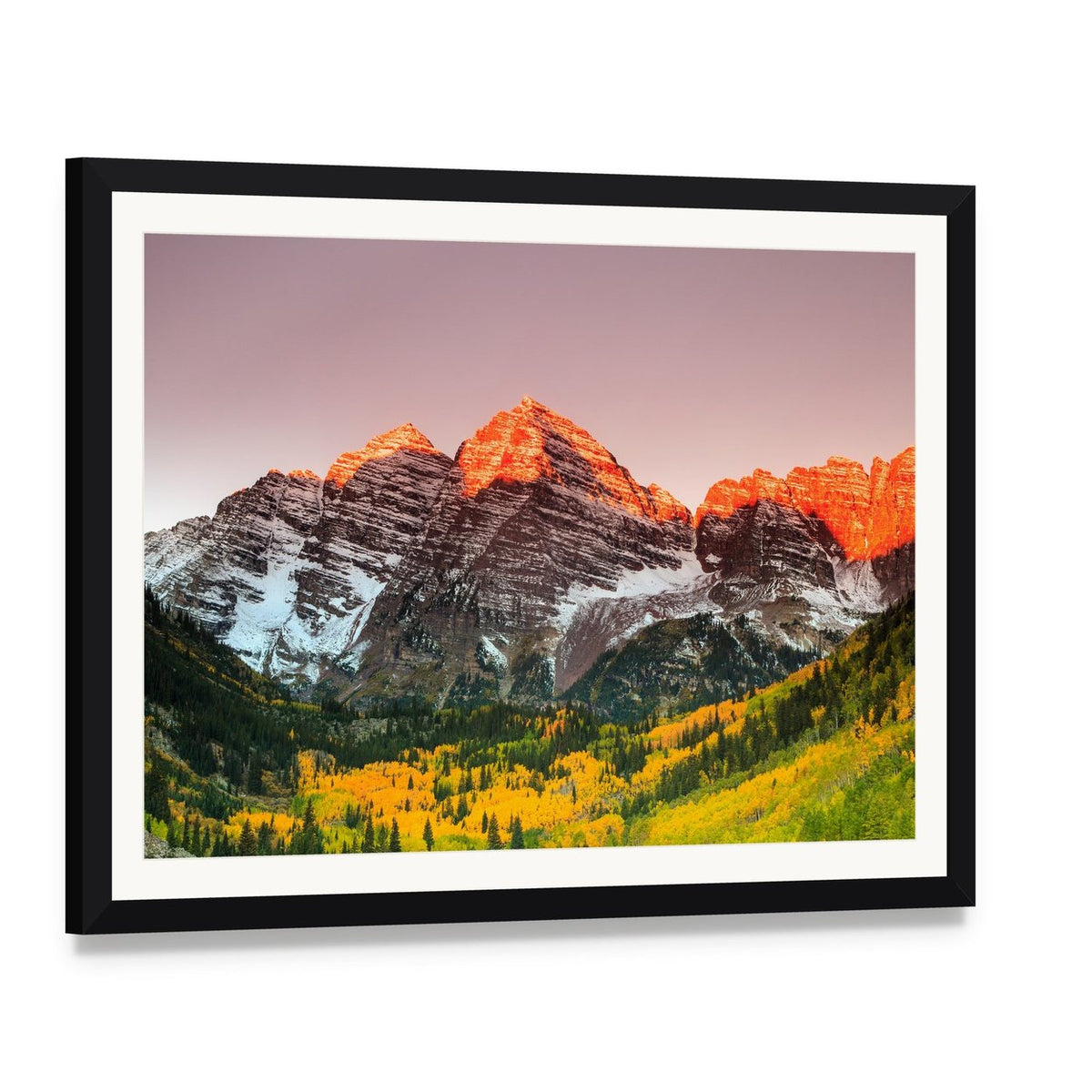 Sunrise Over Maroon Bells Canvas Wall Art, framed print with white mat and black frame, angled product view