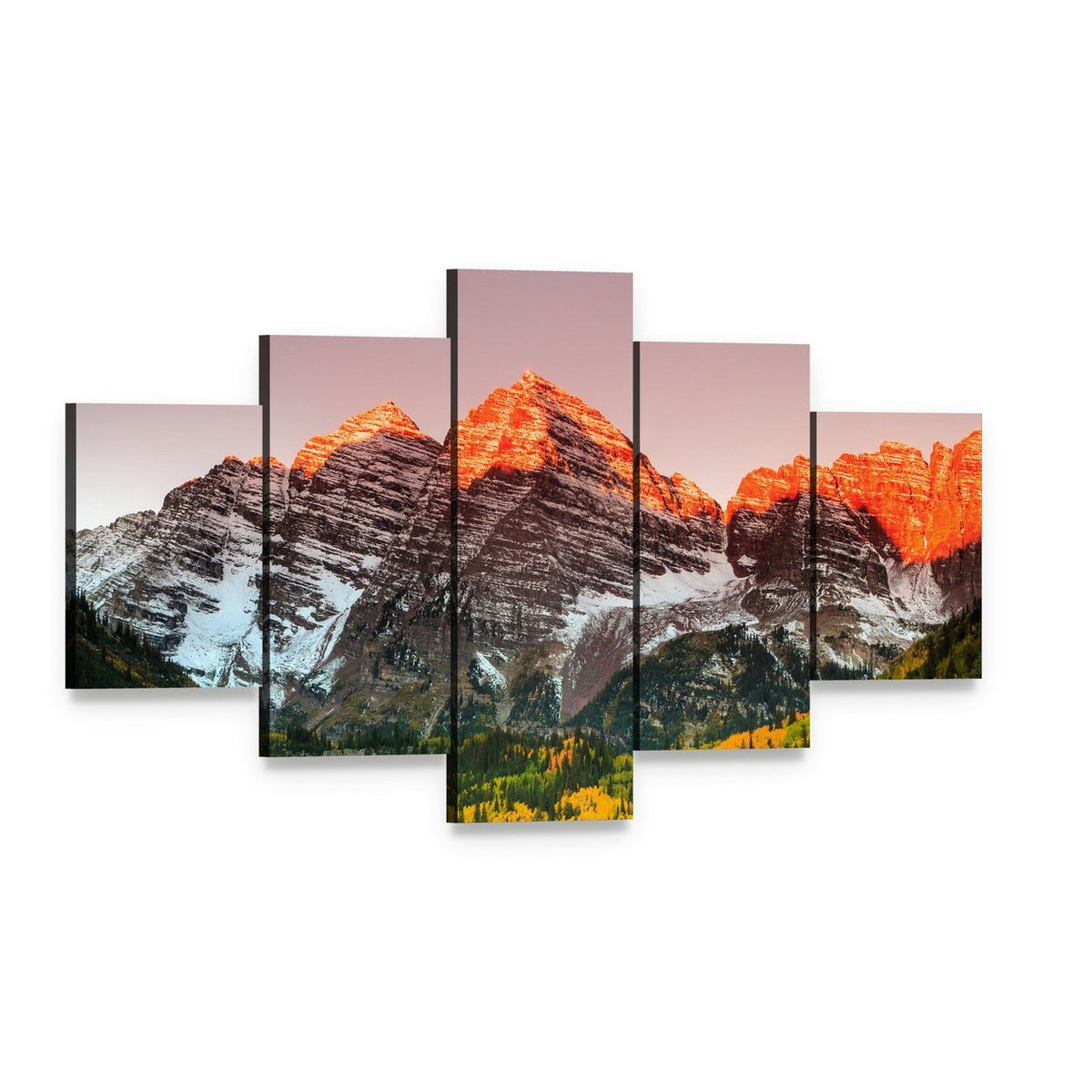 Sunrise Over Maroon Bells Canvas Wall Art, 5 panel 5 Star layout gallery wrapped canvas set, angled product view