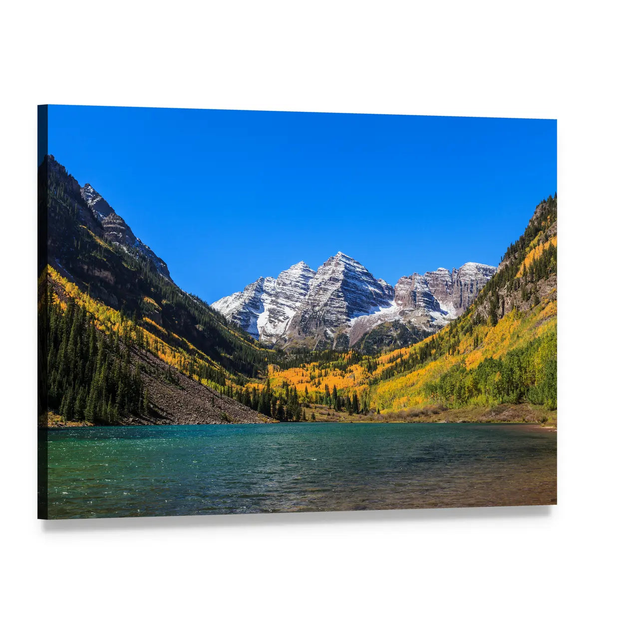 Maroon Bells Autumn Lake Canvas Wall Art, single panel gallery wrapped canvas, angled product view