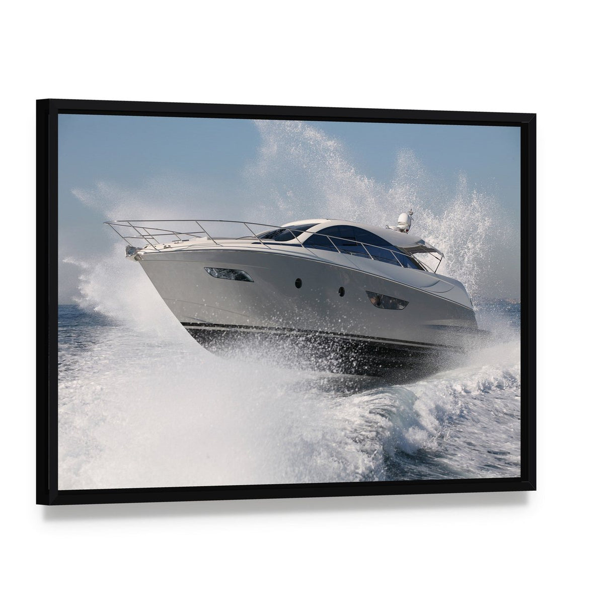 Yacht Jump Canvas Wall Art, framed canvas in a black floater frame, angled product view