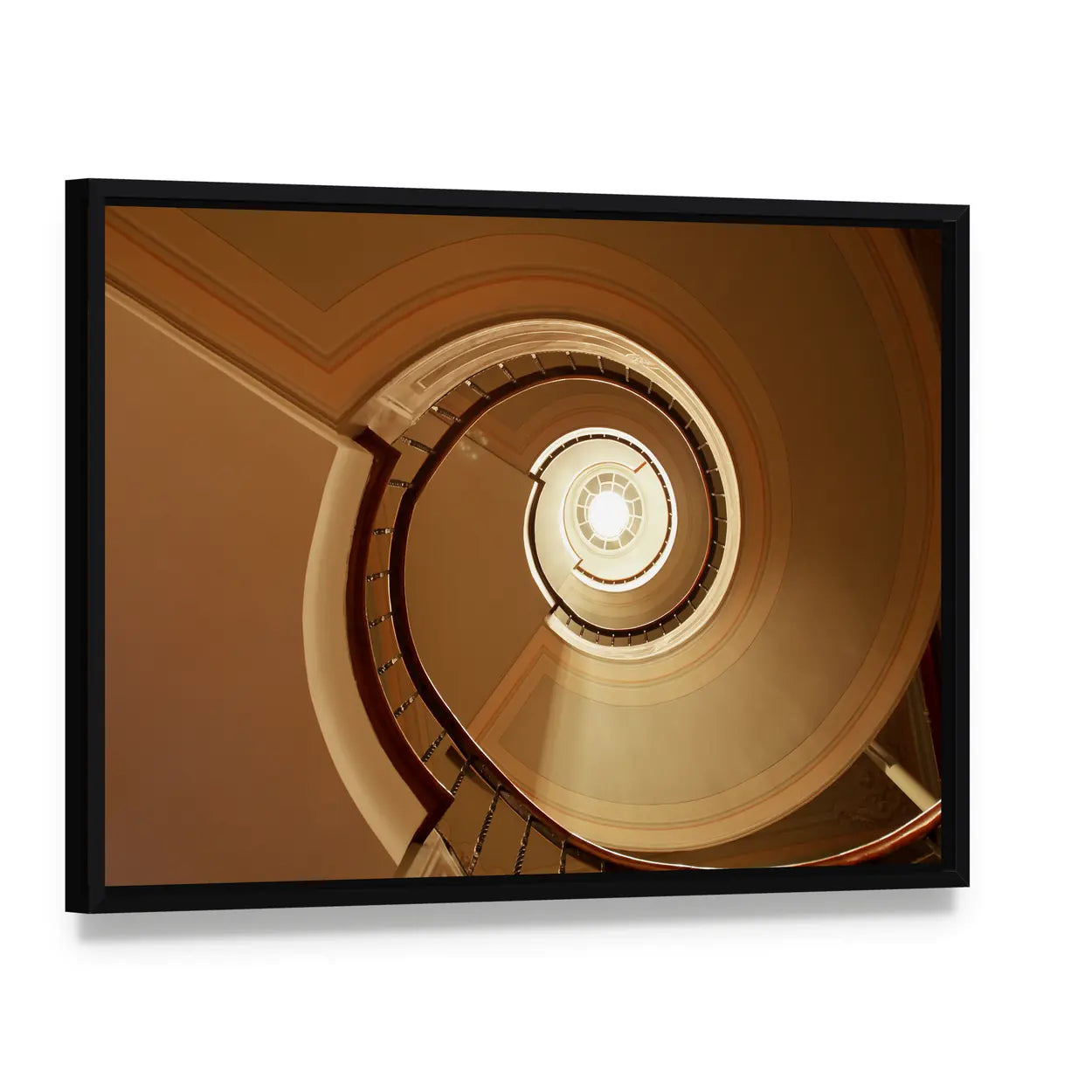 Curvy Spiral Staircase Canvas Wall Art, framed canvas in a black floater frame, angled product view