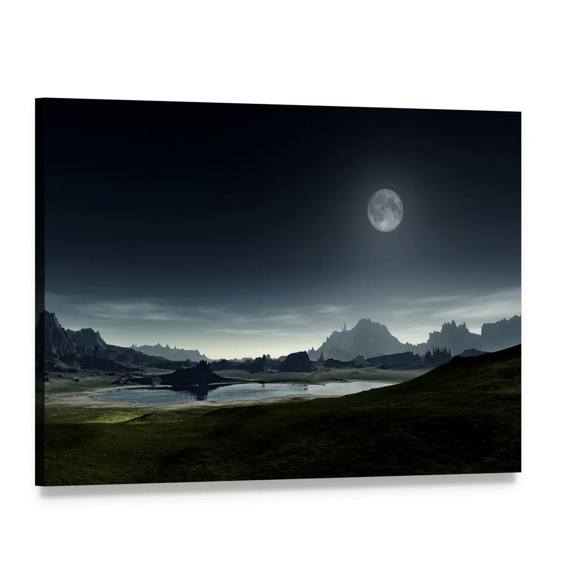 Moonlit Mountain Lake Canvas Wall Art, single panel gallery wrapped canvas, angled product view