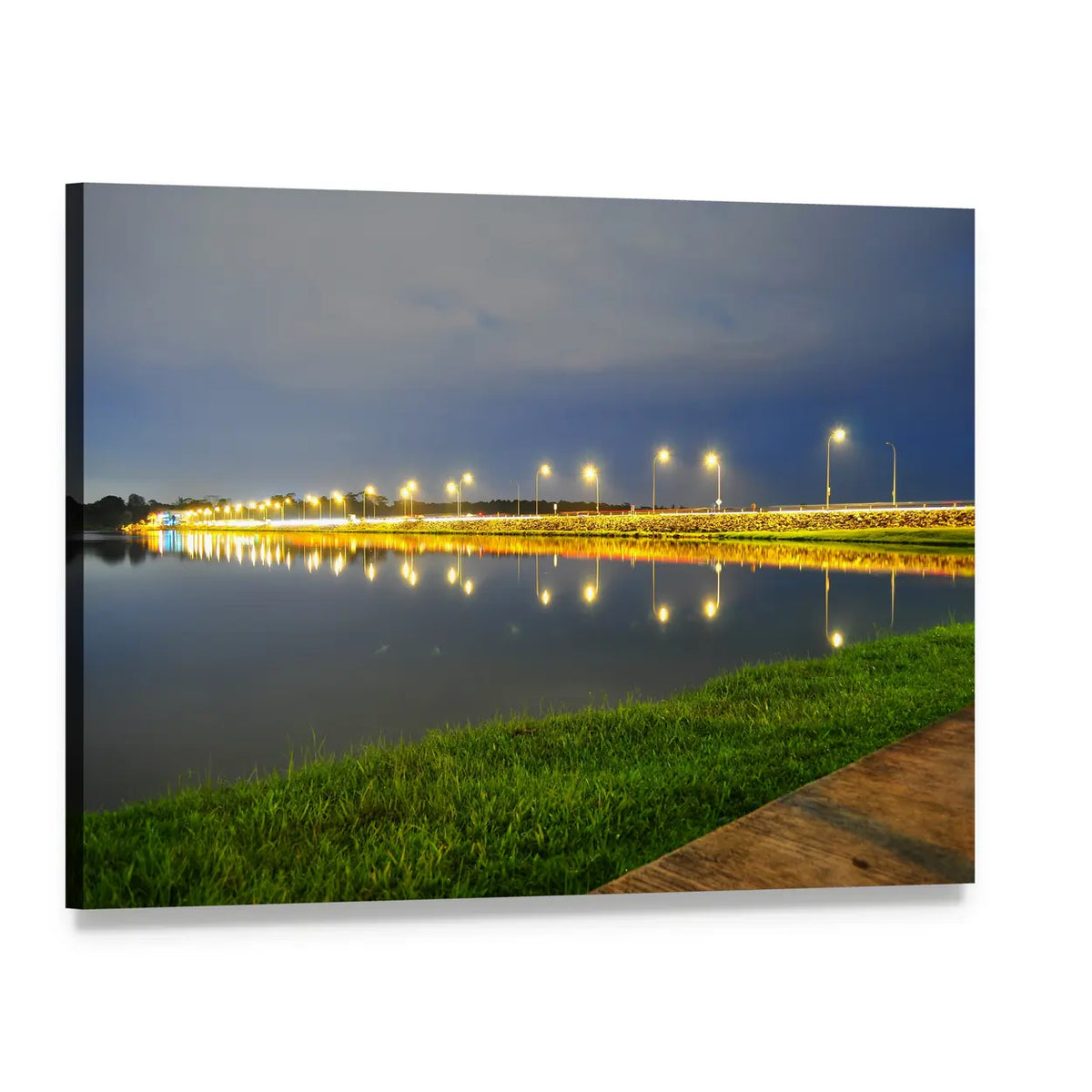 Night Bridge with Reflecting Streetlights Canvas Wall Art, single panel gallery wrapped canvas, angled product view