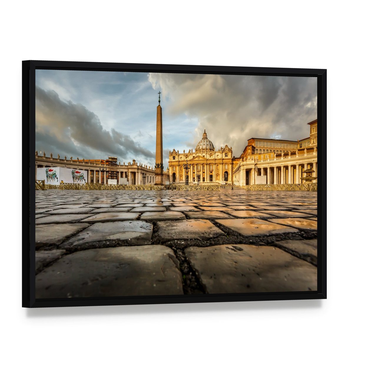 Saint Peter Square and Saint Peter Basilica Canvas Wall Art, framed canvas in a black floater frame, angled product view
