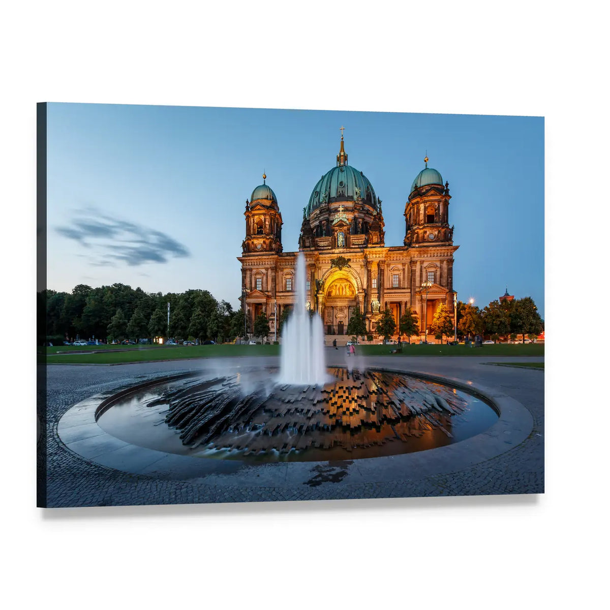 Berlin Cathedral with Illuminated Fountain Canvas Wall Art, single panel gallery wrapped canvas, angled product view