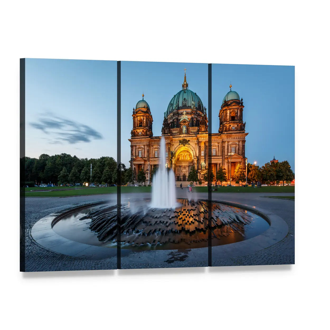 Berliner Dom at Dusk with Fountain Canvas Wall Art, 3 panel 3 Horizontal layout gallery wrapped canvas set, angled product view