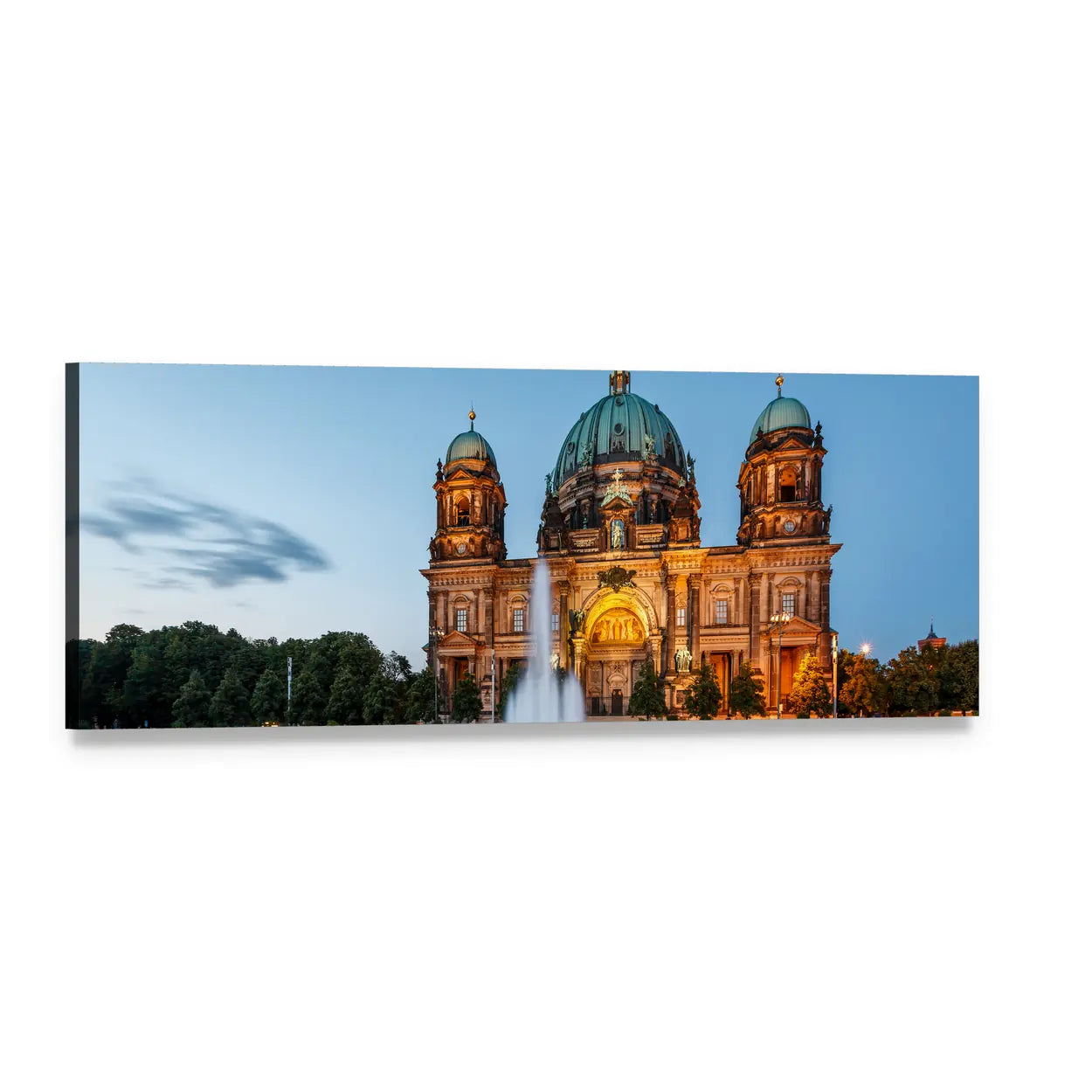 Berliner Dom and Fountain at Twilight Panoramic Canvas Wall Art, single panel gallery wrapped canvas, angled product view