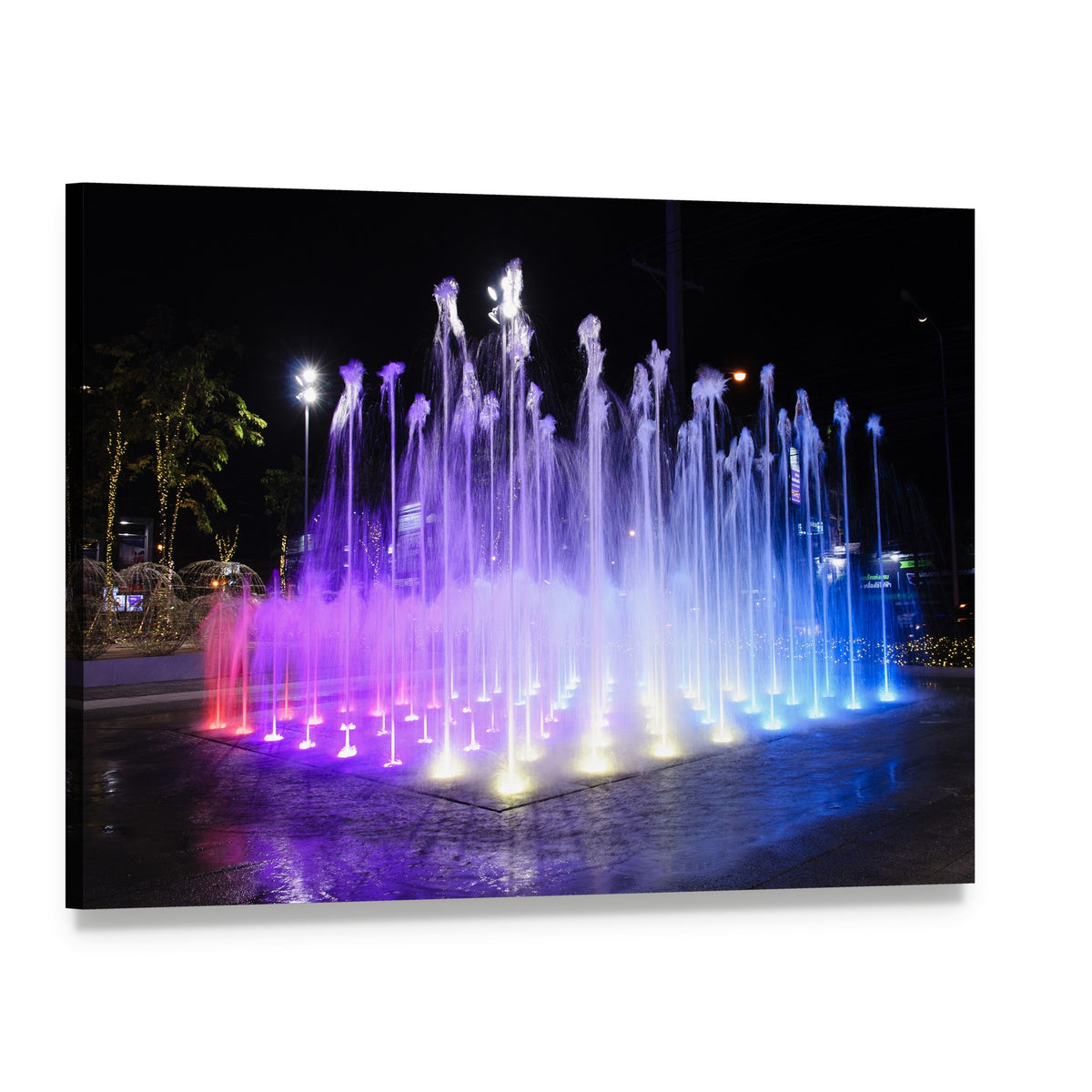 Dancing Fountains at Night Canvas Wall Art, single panel gallery wrapped canvas, angled product view