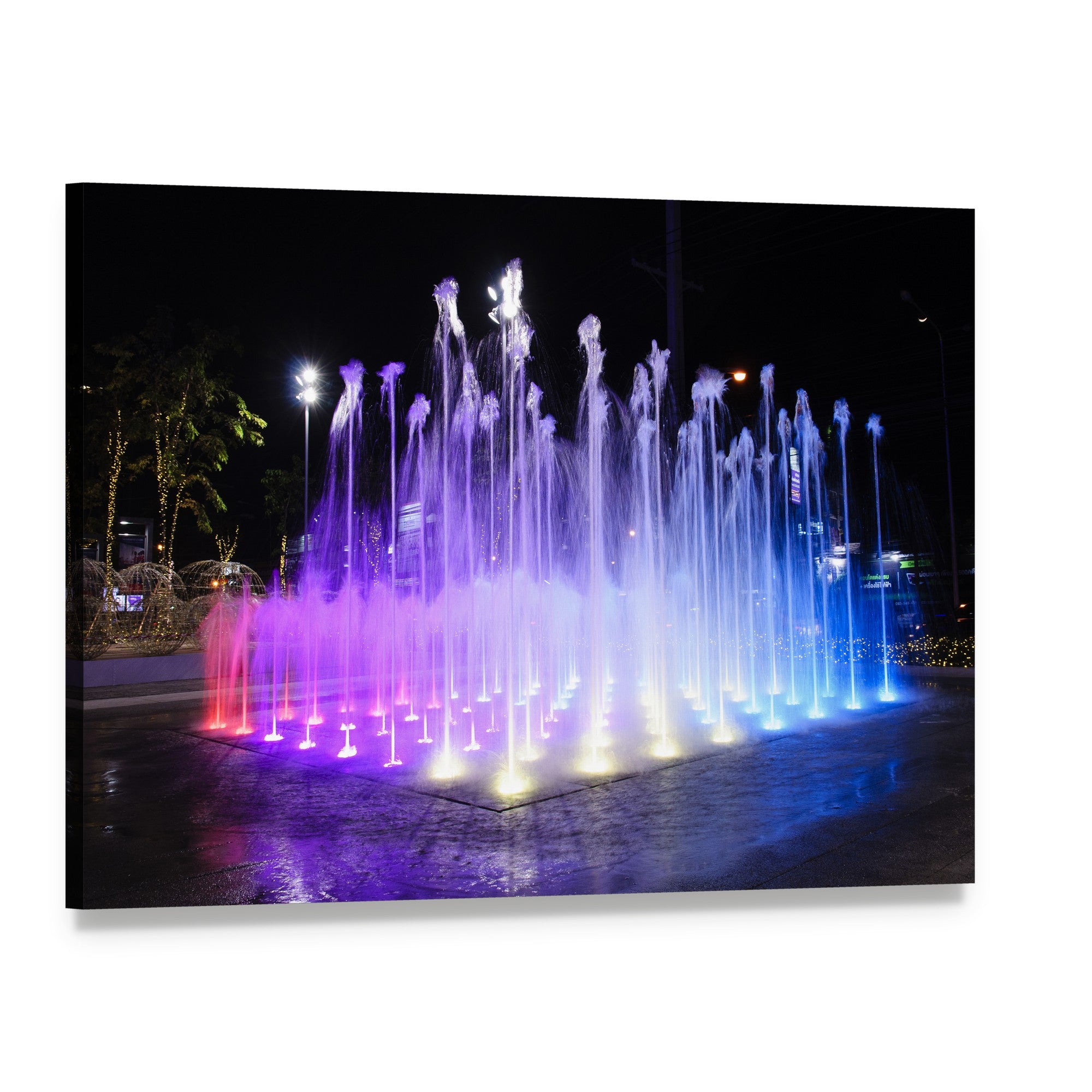 Dancing Fountains at Night Canvas Wall Art, single panel gallery wrapped canvas, angled product view
