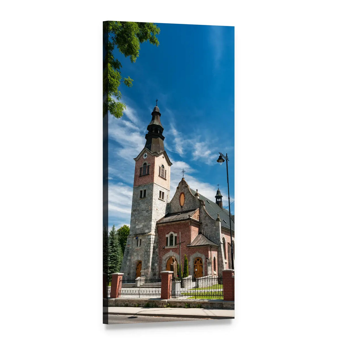 Red Brick Church Clock Tower Vertical Canvas Wall Art, 1 panel 1 Vertical layout gallery wrapped canvas set, angled product view