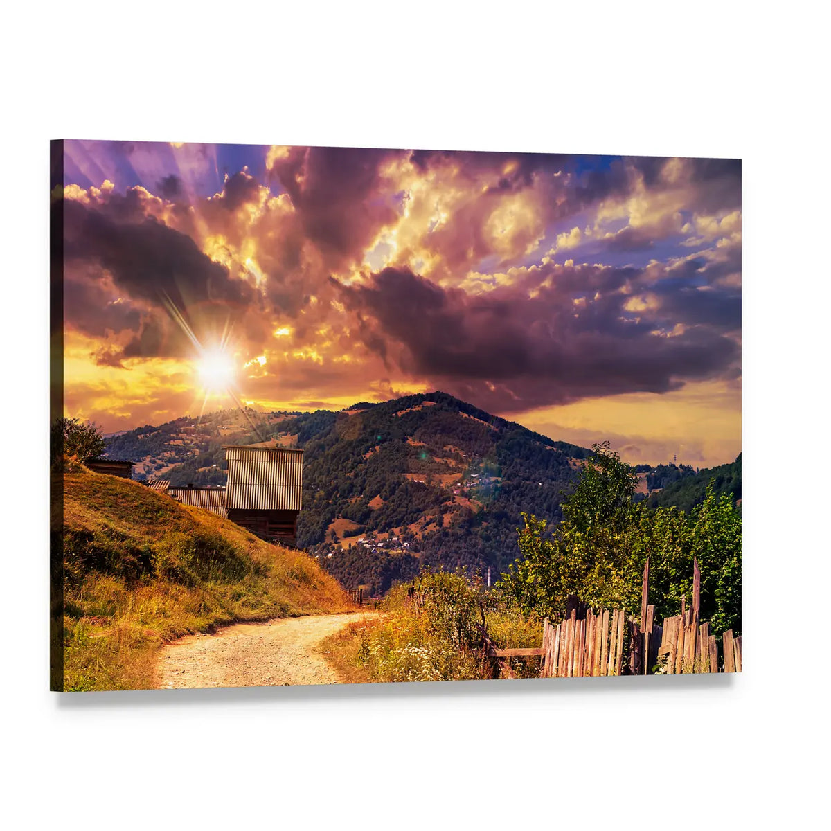 Winding Dirt Road at Sunset Canvas Wall Art, single panel gallery wrapped canvas, angled product view