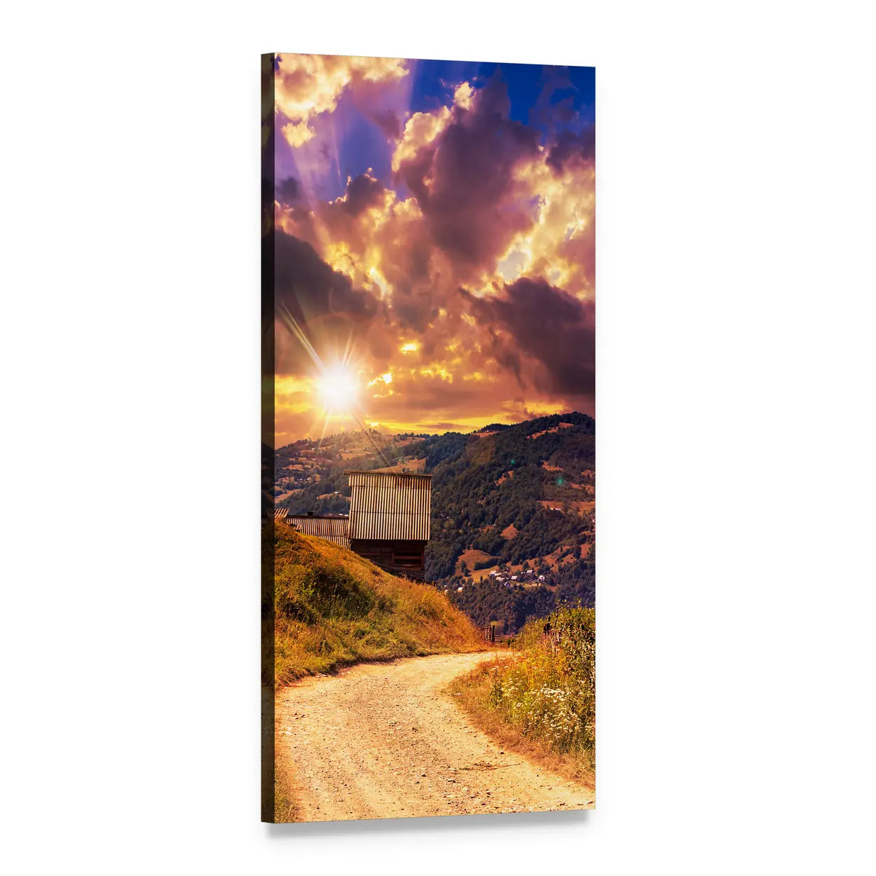Empty Mountain Road at Sunset Vertical Canvas Wall Art, 1 panel 1 Vertical layout gallery wrapped canvas set, angled product view