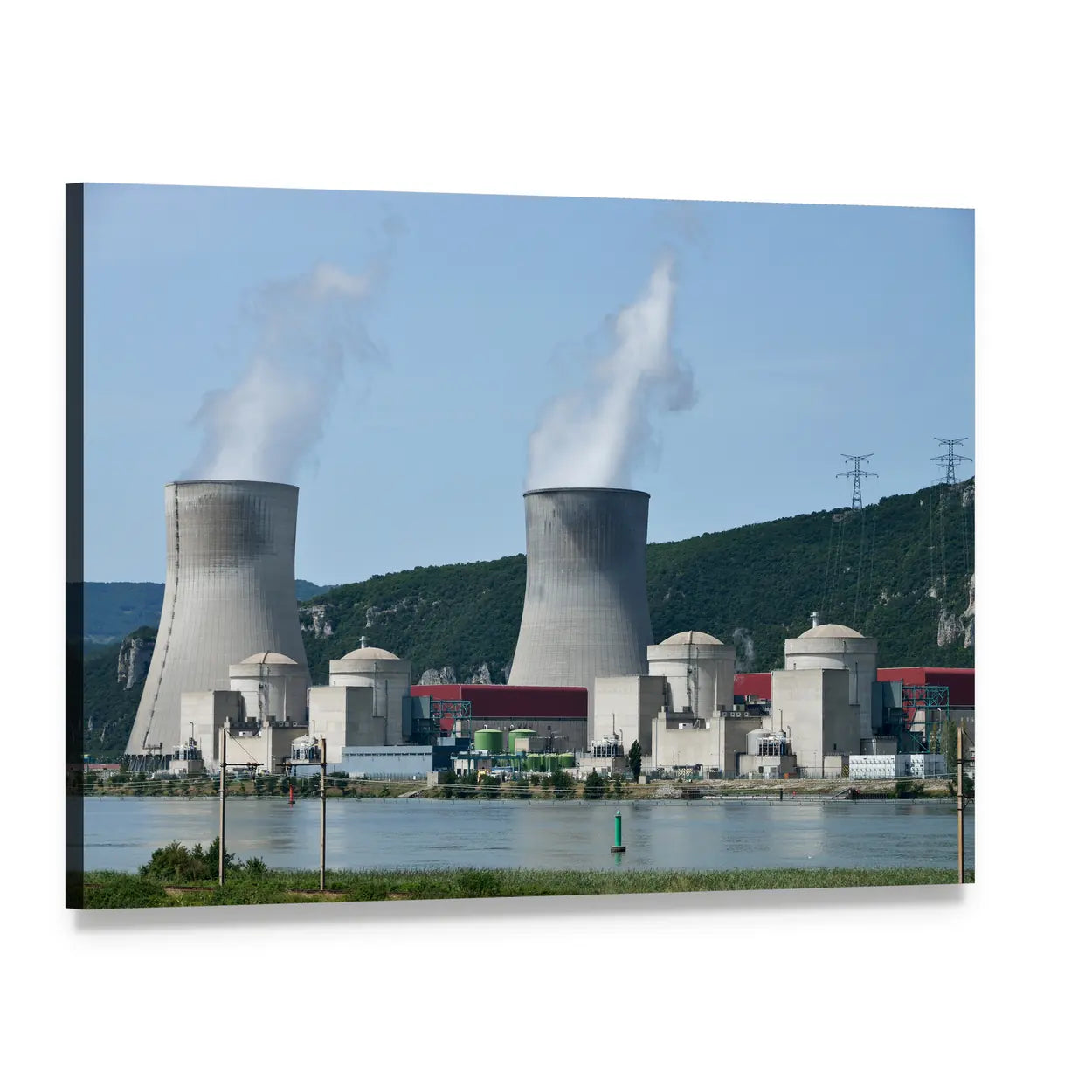 Nuclear Power Plant Over River Canvas Wall Art, single panel gallery wrapped canvas, angled product view