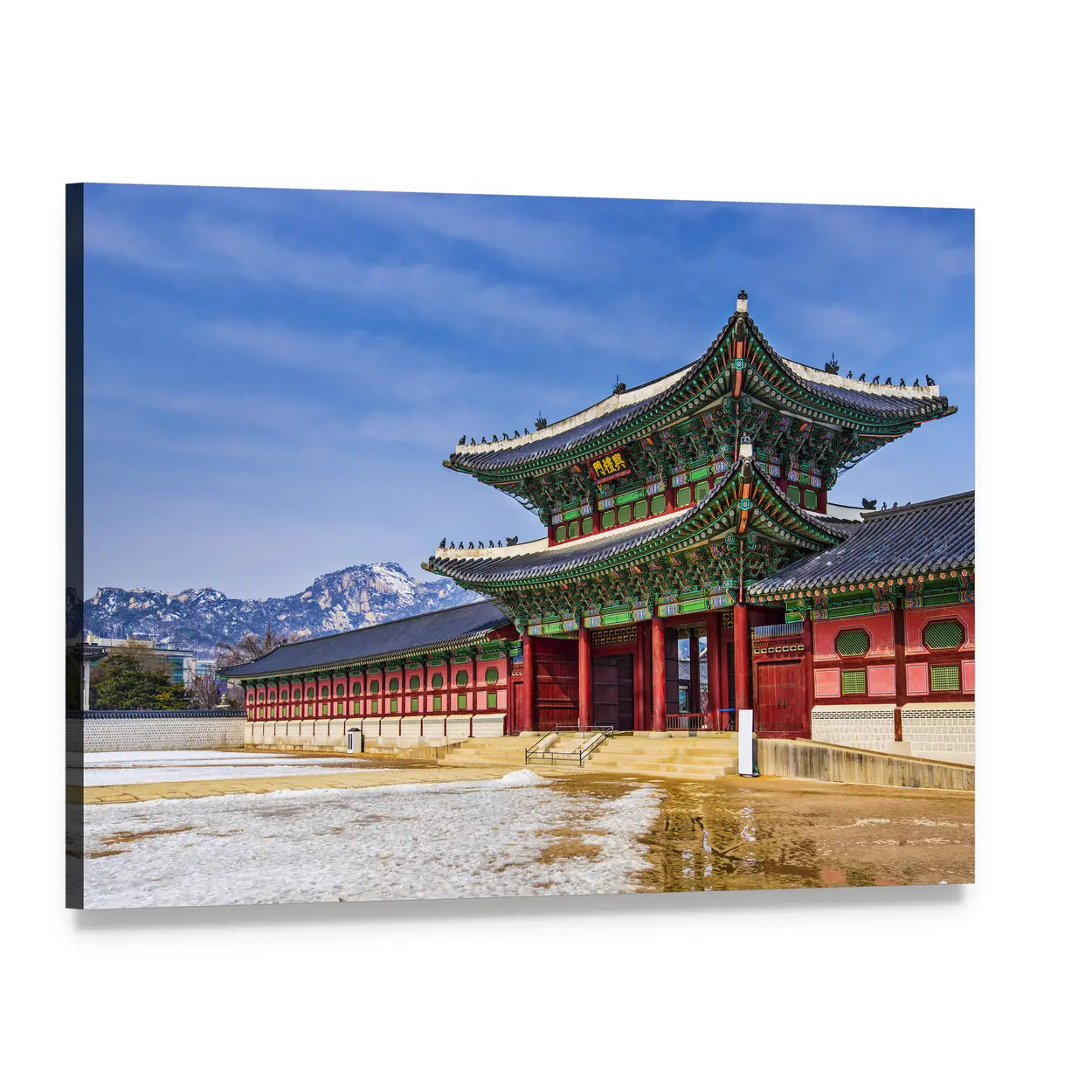 Gyeongbokgung Palace Gate with Snow Canvas Wall Art, single panel gallery wrapped canvas, angled product view