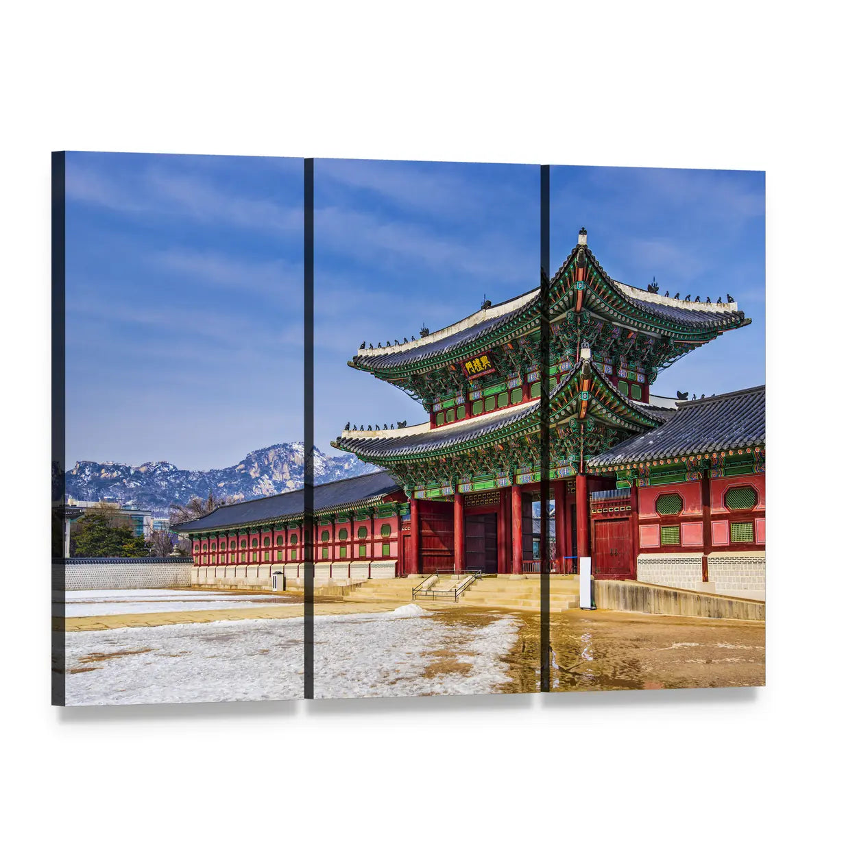 Gyeongbokgung Palace in Winter Canvas Wall Art, 3 panel 3 Horizontal layout gallery wrapped canvas set, angled product view
