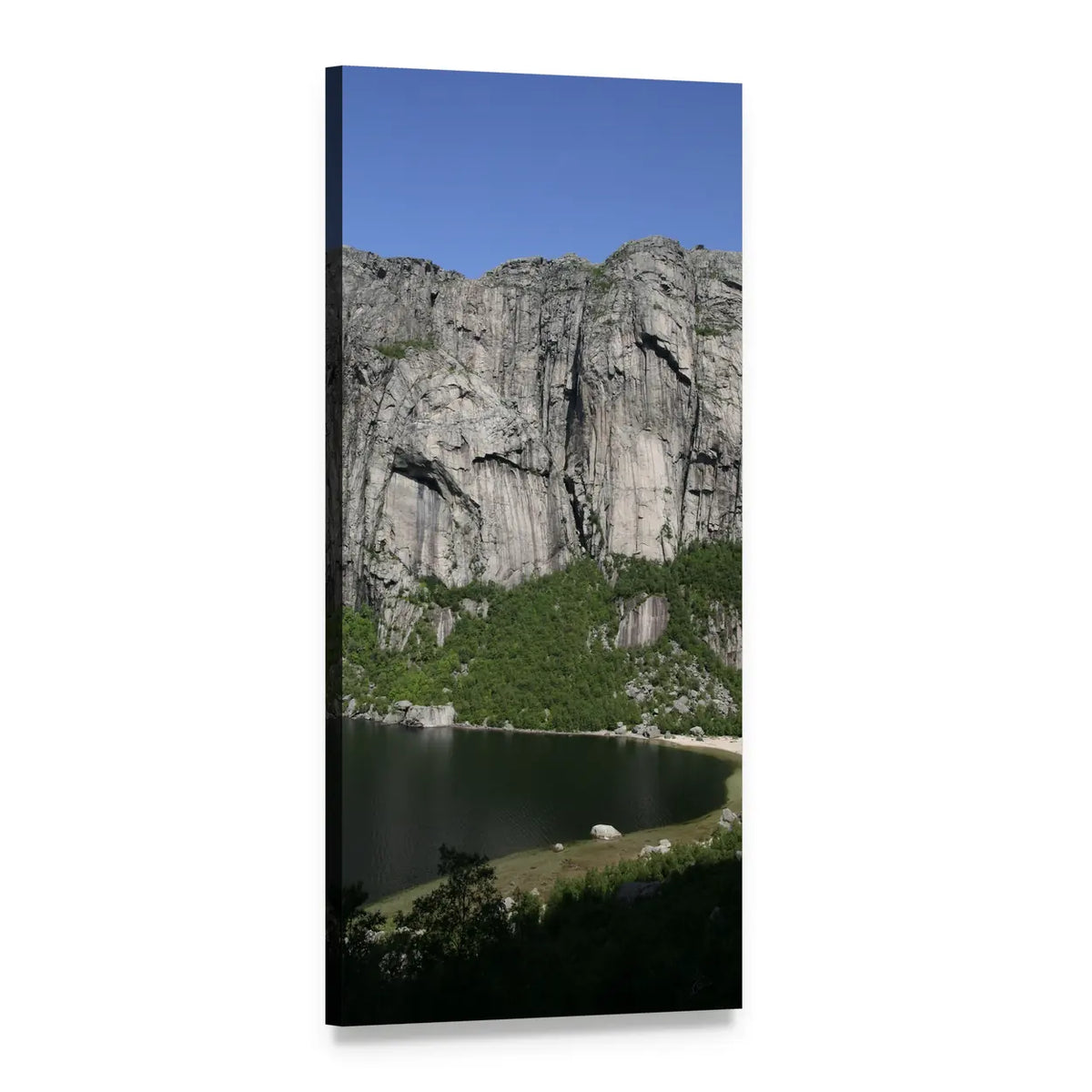 Rocky Cliff Above Mountain Lake Vertical Canvas Wall Art, 1 panel 1 Vertical layout gallery wrapped canvas set, angled product view
