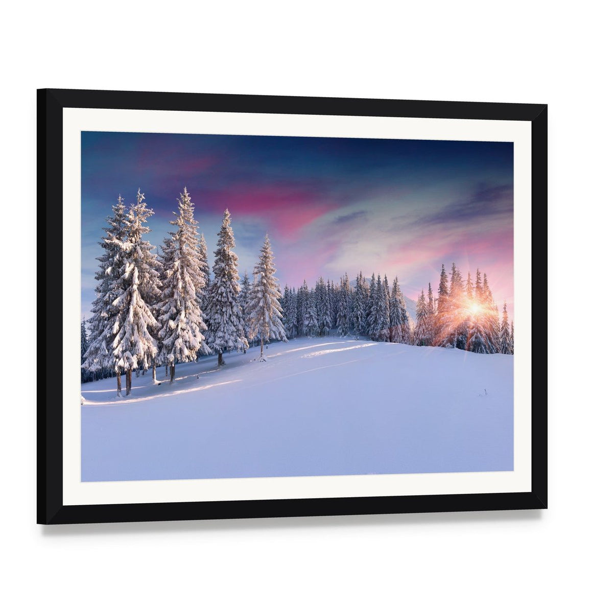 Winter Sunrise Over Snowy Forest Canvas Wall Art, framed print with white mat and black frame, angled product view
