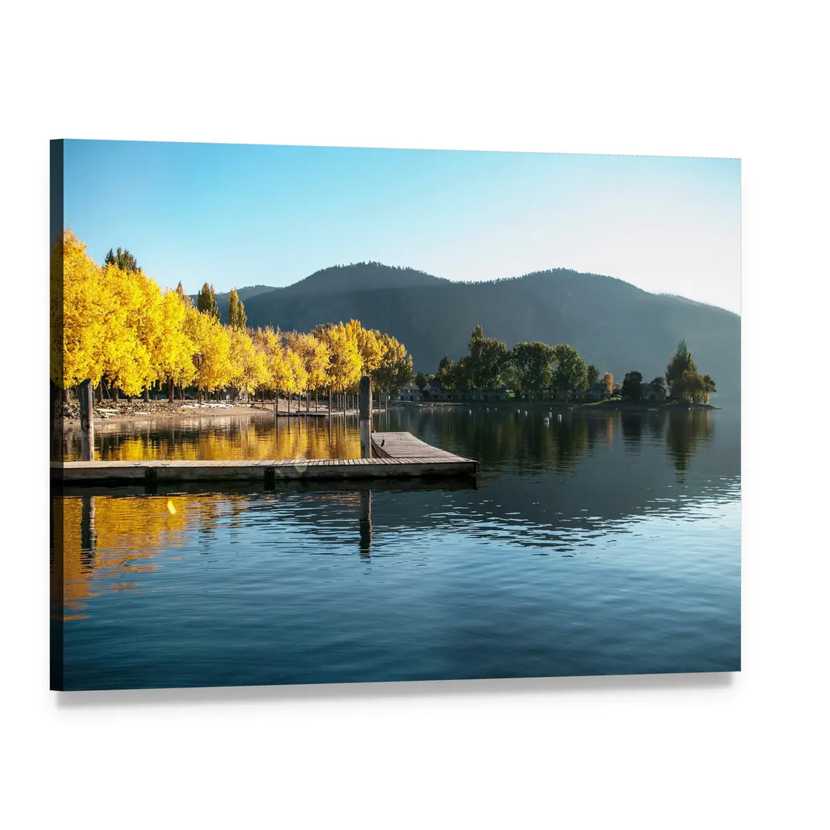 Fall Sunrise Over Lake with Wooden Dock Canvas Wall Art, single panel gallery wrapped canvas, angled product view