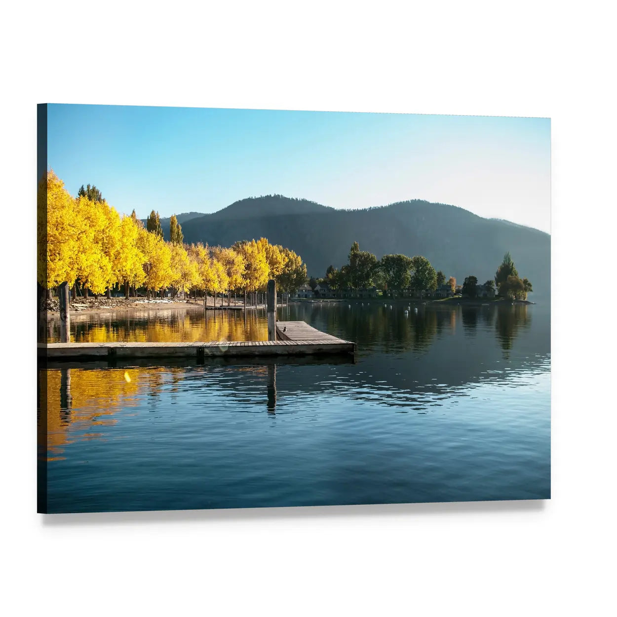 Fall Sunrise Over Lake with Wooden Dock Canvas Wall Art, single panel gallery wrapped canvas, angled product view