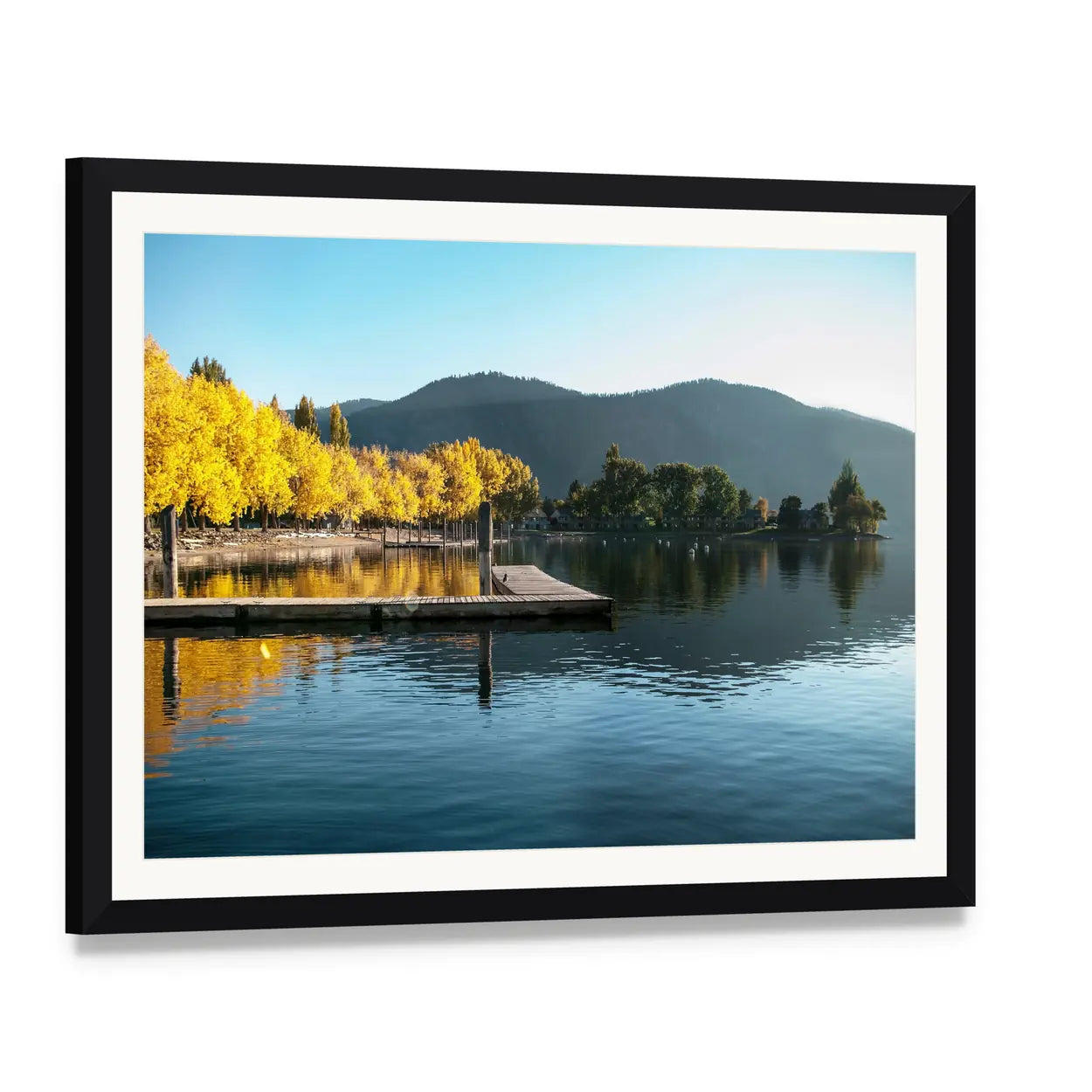 Fall Sunrise Over Lake with Wooden Dock Canvas Wall Art, framed print with white mat and black frame, angled product view