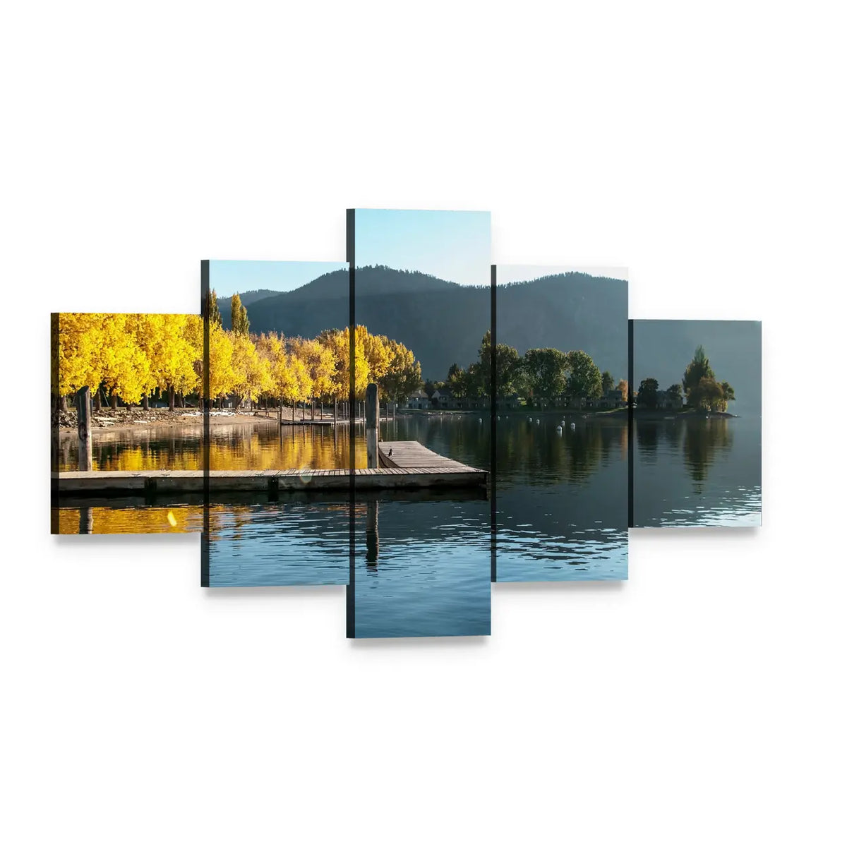 Fall Sunrise Over Lake with Wooden Dock Canvas Wall Art, 5 panel 5 Star layout gallery wrapped canvas set, angled product view