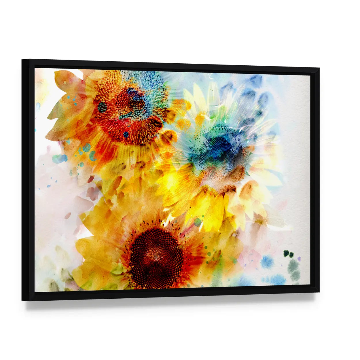 Watercolor Sunflowers Close-up Canvas Wall Art, framed canvas in a black floater frame, angled product view
