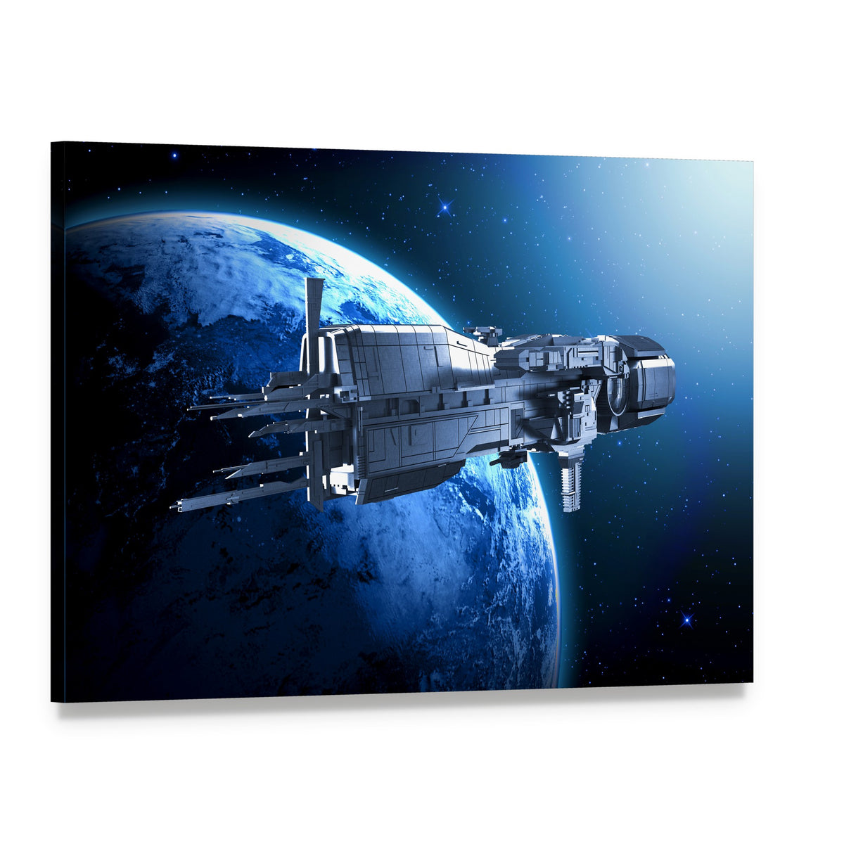Spaceship Above an Alien Planet Canvas Wall Art, single panel gallery wrapped canvas, angled product view