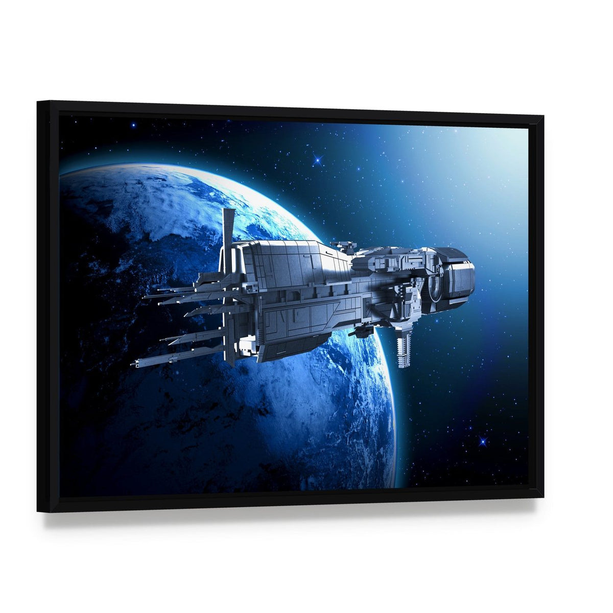 Spaceship Above an Alien Planet Canvas Wall Art, framed canvas in a black floater frame, angled product view