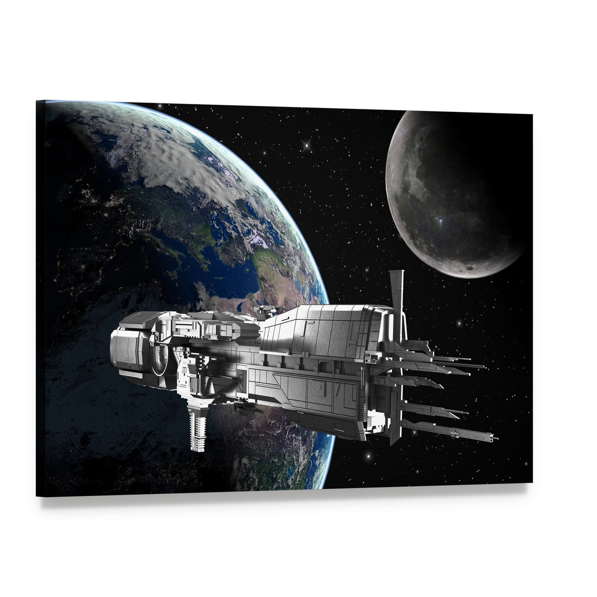 Spaceship in Front of Moon and Earth Canvas Wall Art, single panel gallery wrapped canvas, angled product view