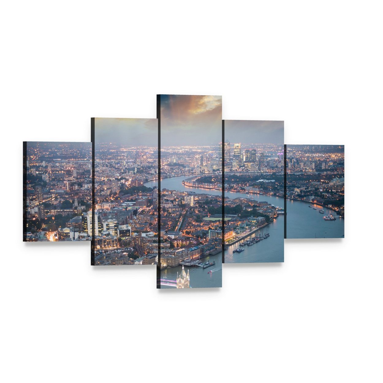 Aerial View of Tower Bridge Canvas Wall Art, 5 panel 5 Star layout gallery wrapped canvas set, angled product view