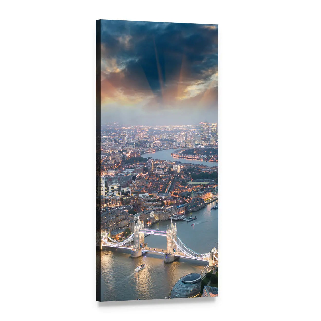 Aerial View of Tower Bridge at Sunset Vertical Canvas Wall Art, 1 panel 1 Vertical layout gallery wrapped canvas set, angled product view