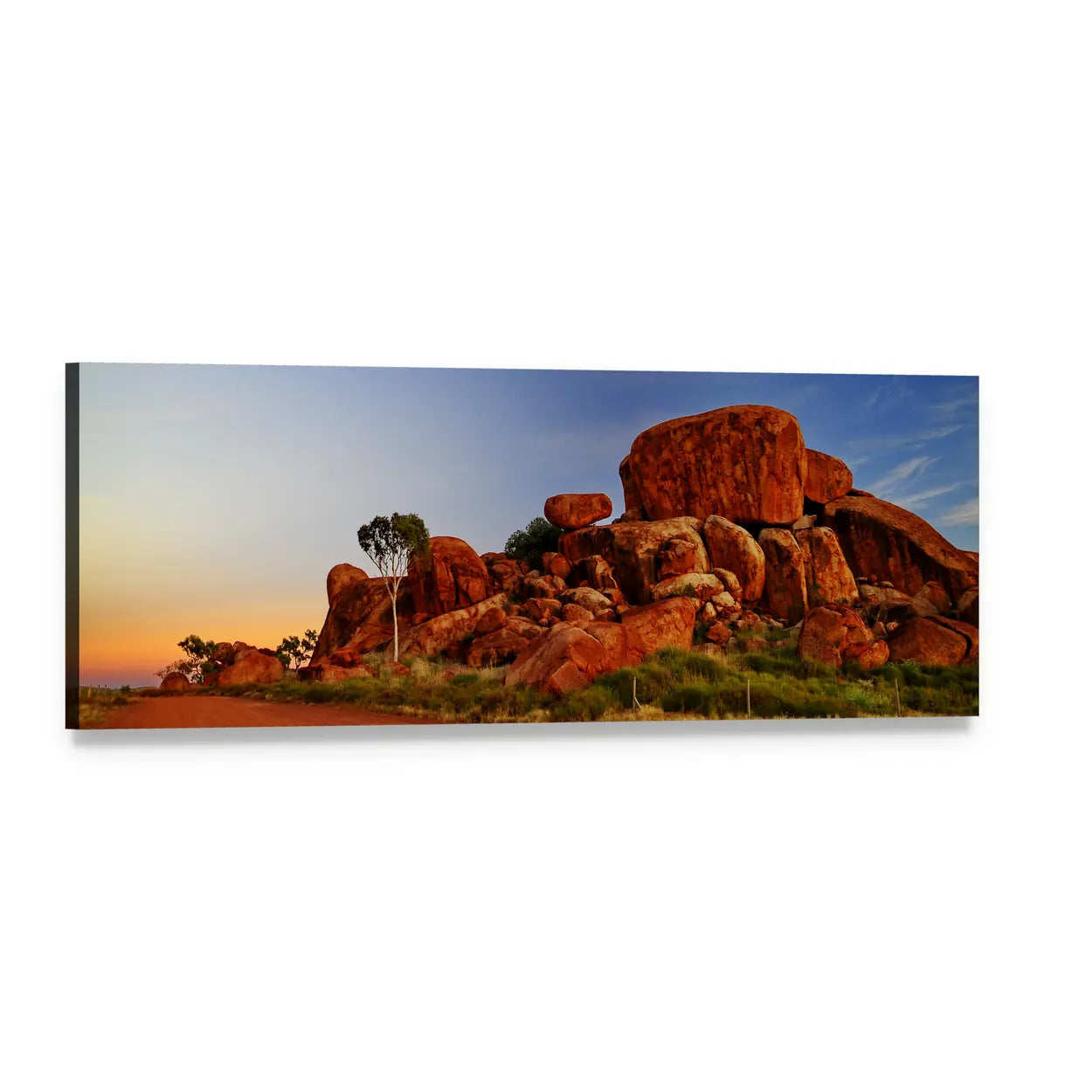 Devil Marbles Desert Boulders at Sunset Panoramic Canvas Wall Art, single panel gallery wrapped canvas, angled product view