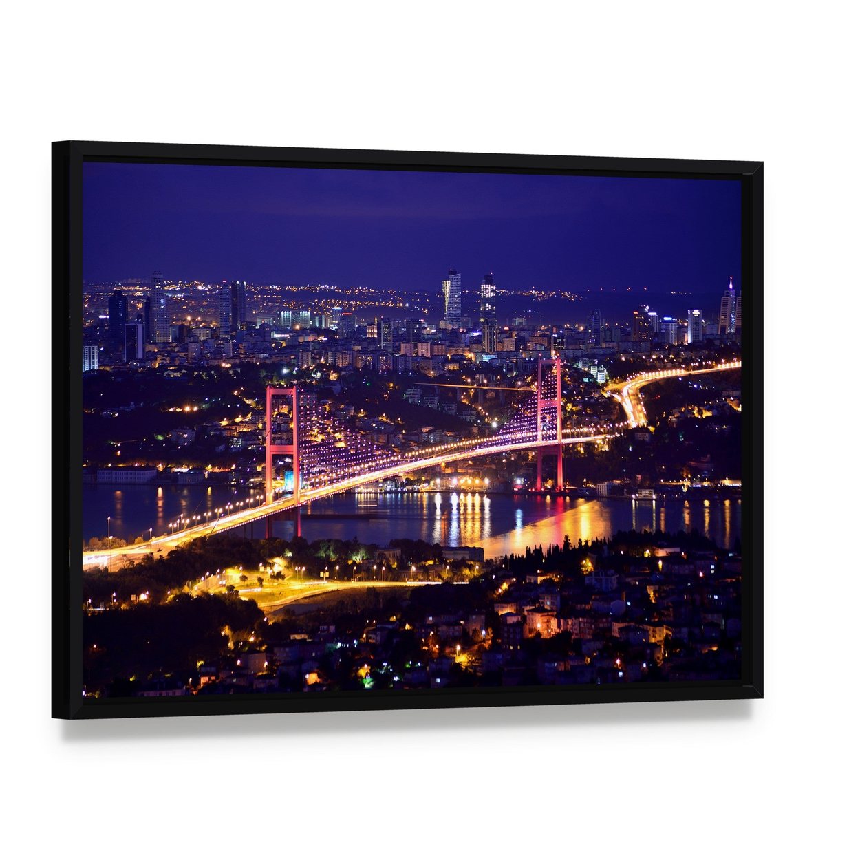 Bosphorus Bridge Istanbul Canvas Wall Art, framed canvas in a black floater frame, angled product view