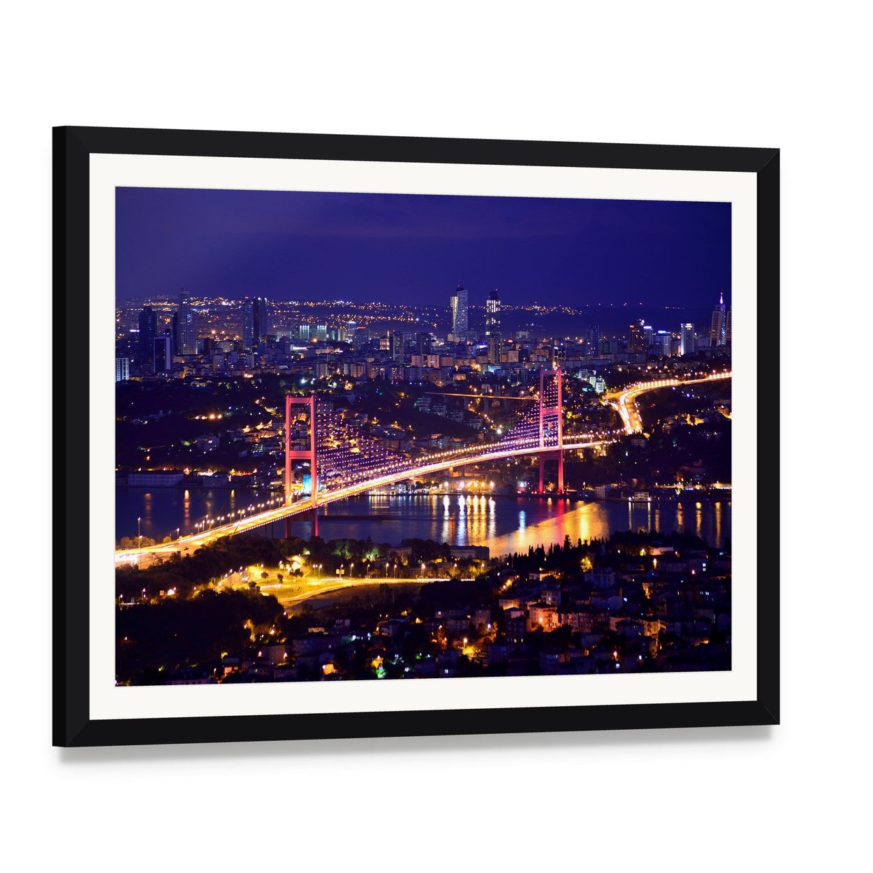 Bosphorus Bridge Istanbul Canvas Wall Art, framed print with white mat and black frame, angled product view